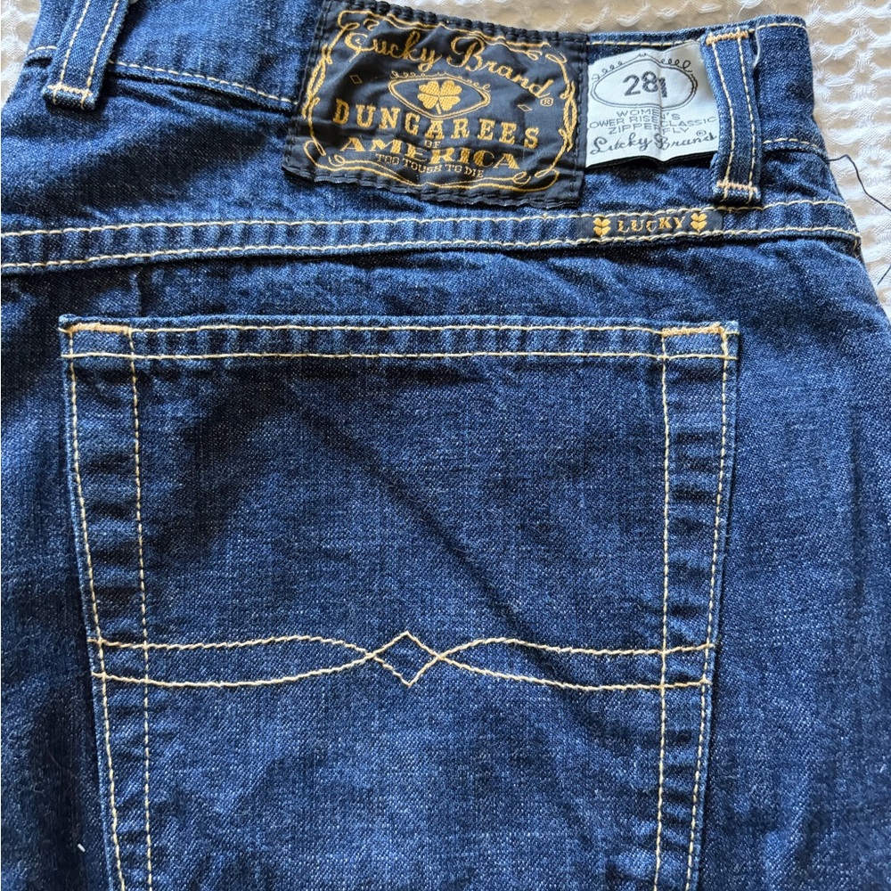 Lucky Brand Indigo Denim Dungarees with Tan Stitching